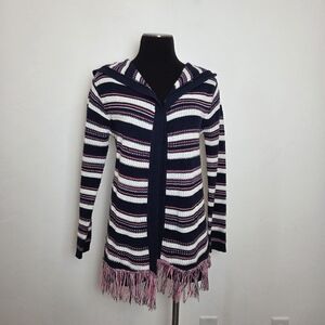 Limited Too Y2K Cardigan Fringe Trim Stripe Open Front Hooded Juniors Girl 14/16